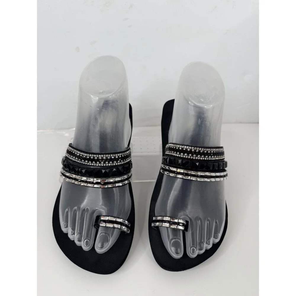 Yellow Box‎ Sandals Womens 5.5 Black Wedge Rhinestone Thong Flip Flop - Picture 2 of 9